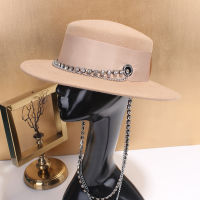 202110-nao-chain autumn winter brown ribbon wool rhinestone chain lady fedoras cap women leisure panama jazz hat