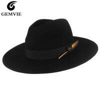 GEMVIE New 100 Wool Felt Hat Cowgirl Hat Wide Brim Fedora For ManWomen Striped Feather Band Autumn Winter Panama Jazz Cap