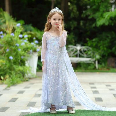 เดรสเด็กเอลซ่า แขนยาวประดับเลื่อม สีเงิน Elsa Dress