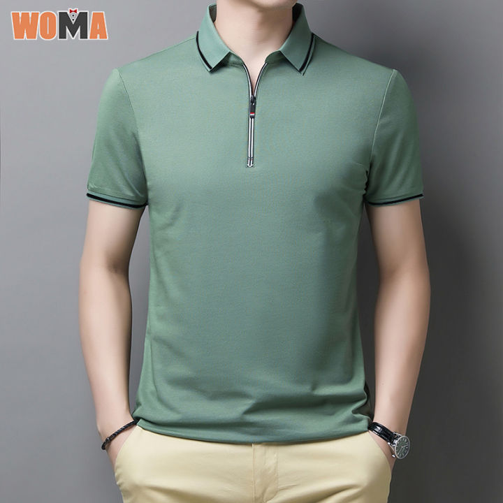 woma-ผู้ชายเสื้อโปโลธุรกิจแขนสั้นเสื้อยืดลาเพลทึบ