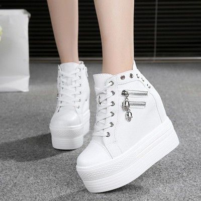 Korean Wedges Woman Canvas Lace Up Zipper High Top Sneakers Black White Blue