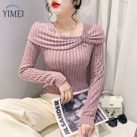 YIMEI เสื้อเชิ้ตท่อนล่างแบบยืดหยุ่นเปิดไหล่มีระบายสไตล์เกาหลีแบบใหม่สีชมพูดีไซน์ Atasan Bahan Rajut สำหรับฤดูใบไม้ร่วง/ฤดูหนาว2023