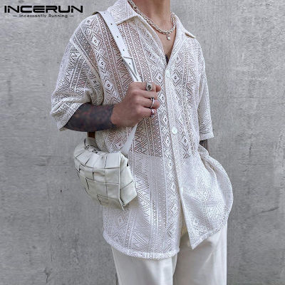 INCERUN เสื้อแขนสั้นผ้าลูกไม้ซีทรูสำหรับผู้ชาย,เสื้อตัวหลวมลำลองสำหรับใส่ไปงานเลี้ยงเสื้อยืดแบบตะวันตก