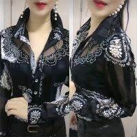 WomenS Blouse Tops Summer Lace Chiffon Shirts lapel Stitching Printing Buttons Female Blusas Offce Lady Shirts chemises fleurs