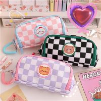 ✒►❖ Pencil Case Aesthetic Checkerboard Pencil Bag Kawaii Korean Student Stationery Storage Bag Canvas Bags Cartoon Bear Pencil Case