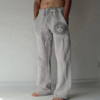 【cw】Mens Casual Pants sweatpants Sun Flower Print Full Length Pants Pocket Drawstring Linen Trousers Men