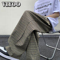 ผู้ชายวินเทจขนาดใหญ่กางเกงลายสก๊อตฤดูร้อนถุงกางเกงขากว้าง Drawstring Y2K Streetwear กางเกงตรงญี่ปุ่นชายเกาหลี