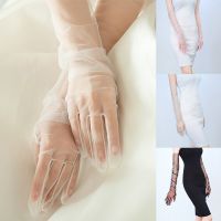 ❣♗ Fashion Long Sheer Tulle Gloves Ultra Thin Stretchy Full Finger Mittens Mesh Elbow Wedding Bride Gloves Halloween Accessory