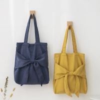 Japanese Bow Handbags Womens Canvas Large Capacity Shoulder Soft Cloth For Female Trend Velcro Simple Shopping Tote Bags