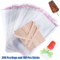 300 Pcs Popsicle Sticks and Pop Bags Set Ice Cream Clear Plastic Self-adhesive 8x20 cm Pouch with 11x1 cm Wooden Sticks