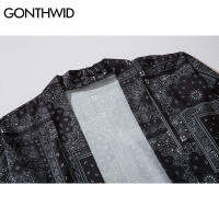 GONTHWID Men Japanese Kimono Cardigan Cashew Flowers Print Shirts Streetwear Hip Hop Casual Open Front Jackets Coat Tops Summer