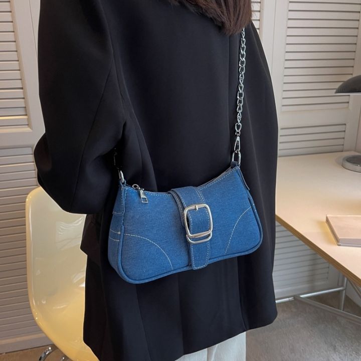 ganzha3965-ใหม่-กระเป๋าผ้าเดนิมดีไซน์ไหล่เดียวสำหรับผู้หญิง-กระเป๋าแฟชั่นสะพายข้างทรงสี่เหลี่ยมใบเล็ก
