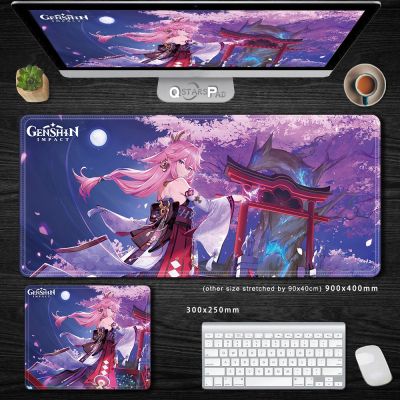 Genshin Impact Yae Miko Mouse Pad ตู้เกมพีซีขนาดใหญ่ Keyboard Table Pad แผ่นรองโต๊ะอะนิเมะ อุปกรณ์เกมคอมพิวเตอร์ แผ่นรองเมาส์