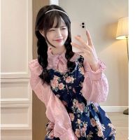 [2ชิ้น] Coconie Sweet Retro Suit Women New Korean Style Bubble Sleeve Solid Top + Printed Denim Sling Dress Two Piece Set