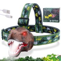 【CW】 LED Headlamp Dinosaur Head Lamp for Kids Dinosaur Toy Headlight Flashlight Roaring Dino Head Light for Camping Hiking Party Read