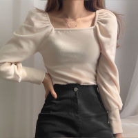 Neploe Chic Square Collar Hollow Out Clavicle T Shirt Slim Fit Pleated Puff Sleeve Solid Blusas Autumn Spring  New Knit Top