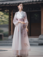 OliviaRetro Hanfu ผู้หญิงดัดแปลงกรโปรงลายม้าชุดสีชมพูสูทลำลองฤดูร้อน401D1414บางๆ