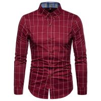 HOT14★Mens Cal Plaid Long-sleeved Polo Shirt