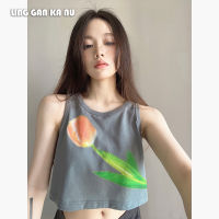 LING GAN KA NU เสื้อครอปไอจี   ฤดูร้อนใหม่เวอร์ชั่นเกาหลีพิมพ์ลำลองสาวร้อนเสื้อสวมหัวหลวมเสื้อกั๊ก