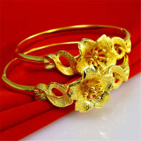 Beautiful 24 K 1:1 Quality Hongkong Gold Shop Handmade Carved Flower Bangles Cuff Bracelets Wedding Jewelry