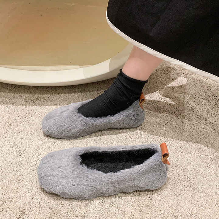 รองเท้าแฟชั่นสำหรับผู้หญิง2022ฤดูใบไม้ร่วง-รองเท้าแฟชั่นประดับพลอยเทียมลูกปัดหัวกลมรองเท้าผู้หญิงขนสัตว์