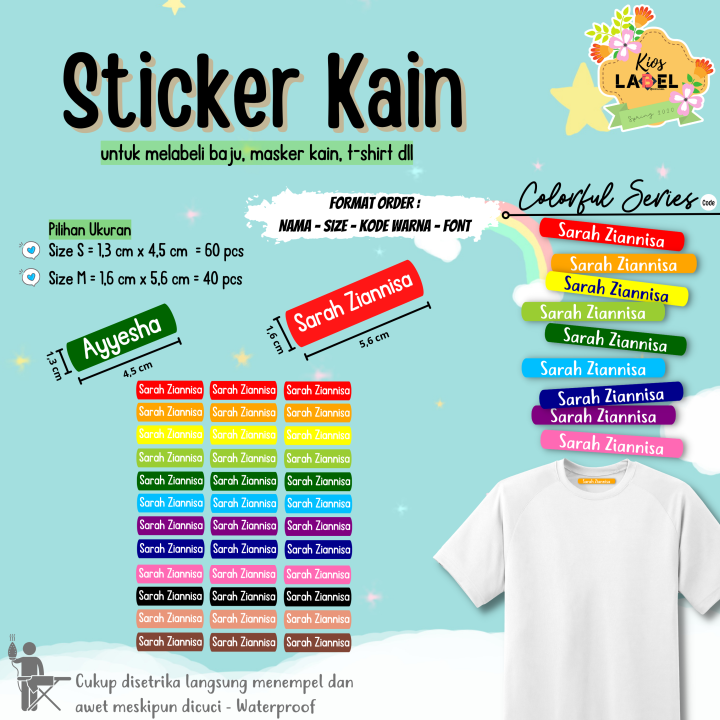 Sticker Kain Colorful Series Sticker Sablon IRON on PRESS Label Setrika Untuk Pesantren Baju