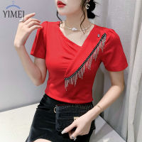 YIMEI เสื้อคอวีแขนสั้น2023ใหม่เสื้อยืดผู้หญิงสวยๆสำหรับฤดูร้อนเสื้อยืดแต่งพู่แบบไม่สมมาตรสำหรับผ้าฝ้ายสลิมฟิต