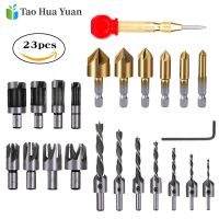 23Pcs/Set Woodworking Chamfer Countersink Drill Bit 1/4 Inch Hex 5 Flute 3 Pointed Wood Plug Cutter Automatic Center Pin Punch