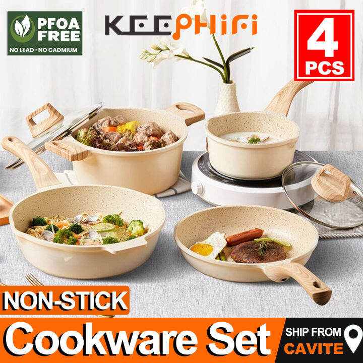 【4Pcs/Set】KEEPHIFI Non Stick Frying Pan White Granite 4 pcs Carote