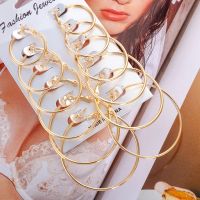 6 Pairsset Vintage Dangle Big Circle Hoop Earrings,Women Korean Fashion Steampunk Metal Ear Clip