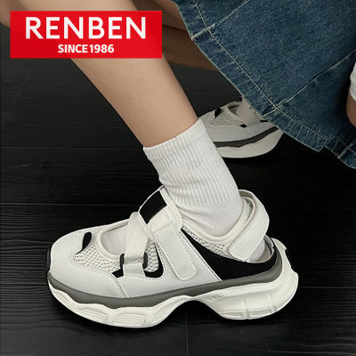 RENBEN รองเท้ากีฬาแพลตฟอร์ม Baotou สีขาวสำหรับสตรีทรองเท้าคุณพ่อทอดอเนกประสงค์ระเบิดไฮเอนด์ของผู้หญิง