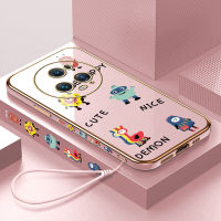 เคสเคสสำหรับ Honor พร้อม Magic5โปร (ฟรีสายคล้อง) ลายการ์ตูนน่ารักสัตว์ประหลาดตัวน้อยขอบสี่เหลี่ยมเคสโทรศัพท์ชุบเคลือบผิวสุดหรูเคสโทรศัพท์นิ่ม