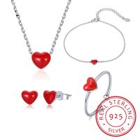 【lz】☞┅✆  Conjunto de joias finas de prata esterlina 925 adorável coração de amor vermelho esmalte nunca desbota ri   br   ea   ne para presente de dia dos namorados