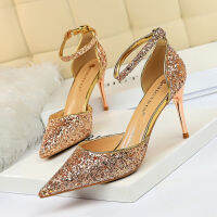 283-a1 sexy nightclub womens shoes high heel shallow mouth pointed metal thin heel one line with Sequin hollow sandals