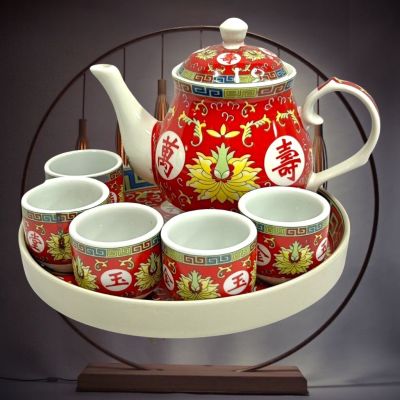ชุดถ้วยน้ำชา  สีแดงจีน ลวดลายจีน งานกระเบื้อง เชรามิก ถาดแดง ถ้วยน้ำชา กาแดง ขนาด160ml 350ml