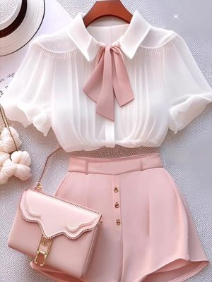 ชุดเดรสสีชาสำหรับมืออาชีพเล็กน้อยเซ้นส์กางเกงขาสั้นสีชมพูสีขาวเสื้อเชิ้ตหรูหราเหมาะกับฤดูร้อน