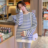 973# Autumn Korean Fashion Striped Cotton Maternity Hoodies Chic Ins Loose Sweatshirt Shirt for Women Pregnancy Tops