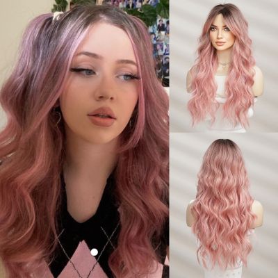 Emmor Synthetic Long Wavy Wigs With Bangs For Women Cosplay Natural Ombre Black To Pink Hair Wig High Temperature Fiber