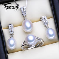 FENASY Wedding Jewelry Sets Fashion Natural Freshwater Pearl Pendant Necklaces Women Drop Earrings Elegant Silver Color Ring Set