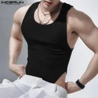 [ดีเลิศ] เสื้อกั๊กจั๊มสูทแขนกุดสีพื้นเรียบง่ายแฟชั่นของผู้ชาย INCERUN เสื้อลำลองคอกลมพอดีตัว (สไตล์เกาหลี)