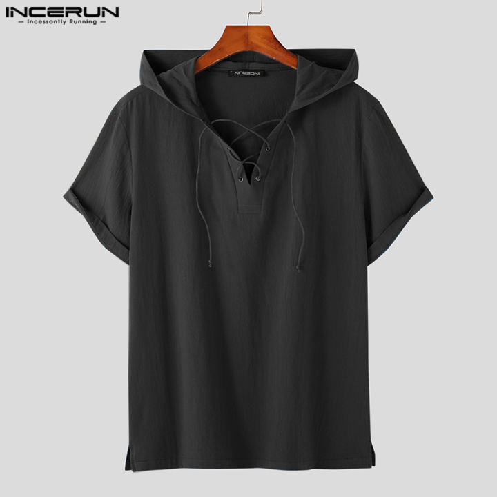 incerun-ฝ้ายลินินผู้ชายแขนสั้นผ้าลูกไม้แฟชั่นเสื้อธรรมดามีฮู้ดเสื้อธรรมดา-เสื้อผ้าลำลอง-3