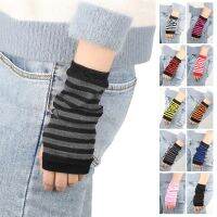 Trendy Men Women Knitted Fingerless Gloves Unisex Street Punk Rock Cosplay Anime Stripe Gloves Bare-fingered Wrist Sleeve