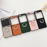 เคสสีทึบด้านหลัง HTT สำหรับ Samsung Galaxy Z Flip 5 5G Zflip 3 Z Flip4 Flip5 ZFlip5เกาหลีหรูหราเรียบง่ายกล่องใส่แหวนอาวุโส