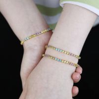 High Quality Rainbow Colorful Charm Geometric Cubic Zirconia 5A CZ Paved 3MM Tennis Chain Bracelet Bangle Classic Women Jewelry