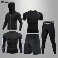 Gym Rashguard ผู้ชายฟิตเนส5ชิ้น/เซ็ตคลาสสิกสีดำเสื้อออกกำลังกายรัดรูปกีฬาผู้ชายฟิตเนสวิ่งชุดรัดกล้ามเนื้อวิ่งออกกำลังกาย