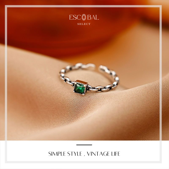 escobal-แหวนเงินแท้-vintage-chain-แหวนเพชรสีเขียวนำโชค-แหวนมงคล-แหวนผู้หญิง-แหวนพลอย-แหวนไพลิน-แหวนปรับขนาดได้-แหวนหิน