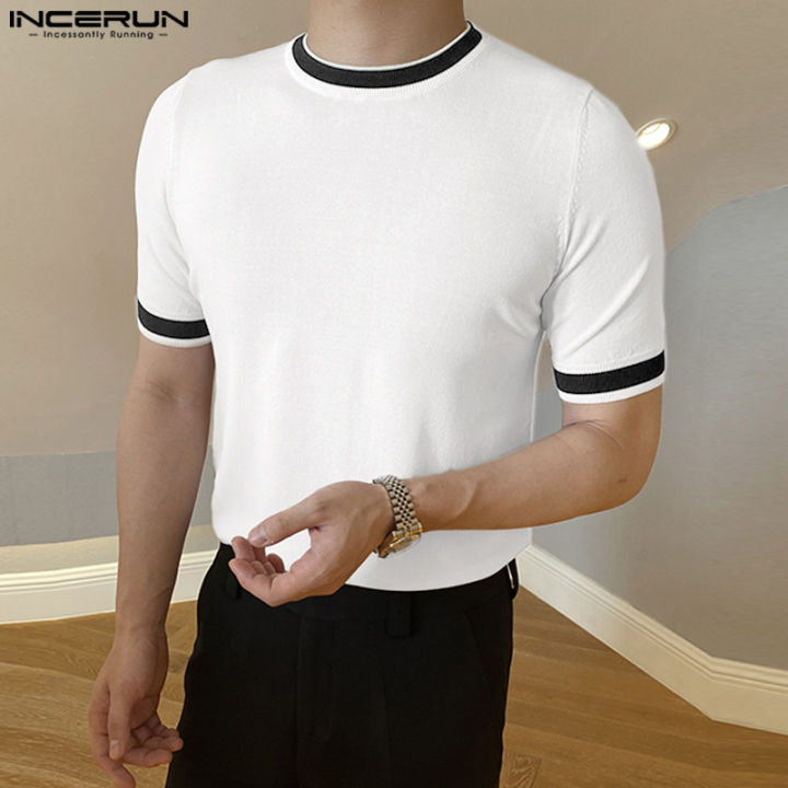 เสื้อยืดคอกลมถักแบบวินเทจผู้ชายแขนสั้นในสีที่นิยมเสื้อยืด-ลดล้างสต๊อก