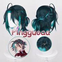 Manmei Genshin Impact Comic Xiao Cosplay Wig 35cm Short Braided Green Ponytail Simulated Scalp Heat Resistant Party Wigs