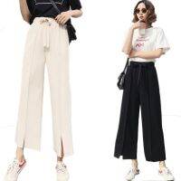 COD DSGERTRYTYIIO 【40 75kg】Cropped Pants/Wide Pants/Straight Leg Pants/4 Colors/M XL/Ice Silk Front Slit Wide-Leg Pants/WomenS High-Waist Loose Drape All-Match Solid Color Nine-Point Pants