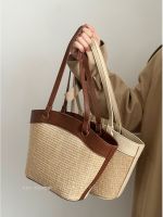 Uniqlo New Fashion version Chen Mujia straw woven bag womens seaside vacation beach casual all-match French retro vegetable basket shoulder fashion woven bag